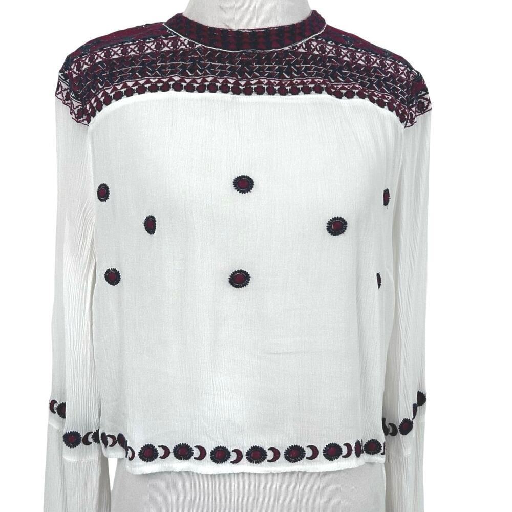 Patrons of Peace White Embroidered Boho Blouse Bell Sleeve Rayon Top L